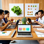 A vibrant and modern food tech startup office in Bangkok, Thailand. The scene should depict a diverse team brainstorming around a table filled with healthy food prototypes. Laptops display charts showing growth and market analysis. Incorporate elements of Thai design and innovation.