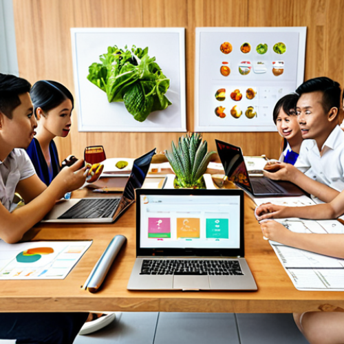 Home 4 A vibrant and modern food tech startup office in Bangkok, Thailand. The scene should depict a diverse team brainstorming around a table filled with healthy food prototypes. Laptops display charts showing growth and market analysis. Incorporate elements of Thai design and innovation.