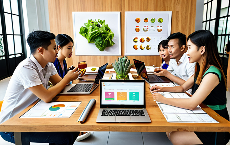 A vibrant and modern food tech startup office in Bangkok, Thailand. The scene should depict a diverse team brainstorming around a table filled with healthy food prototypes. Laptops display charts showing growth and market analysis. Incorporate elements of Thai design and innovation.